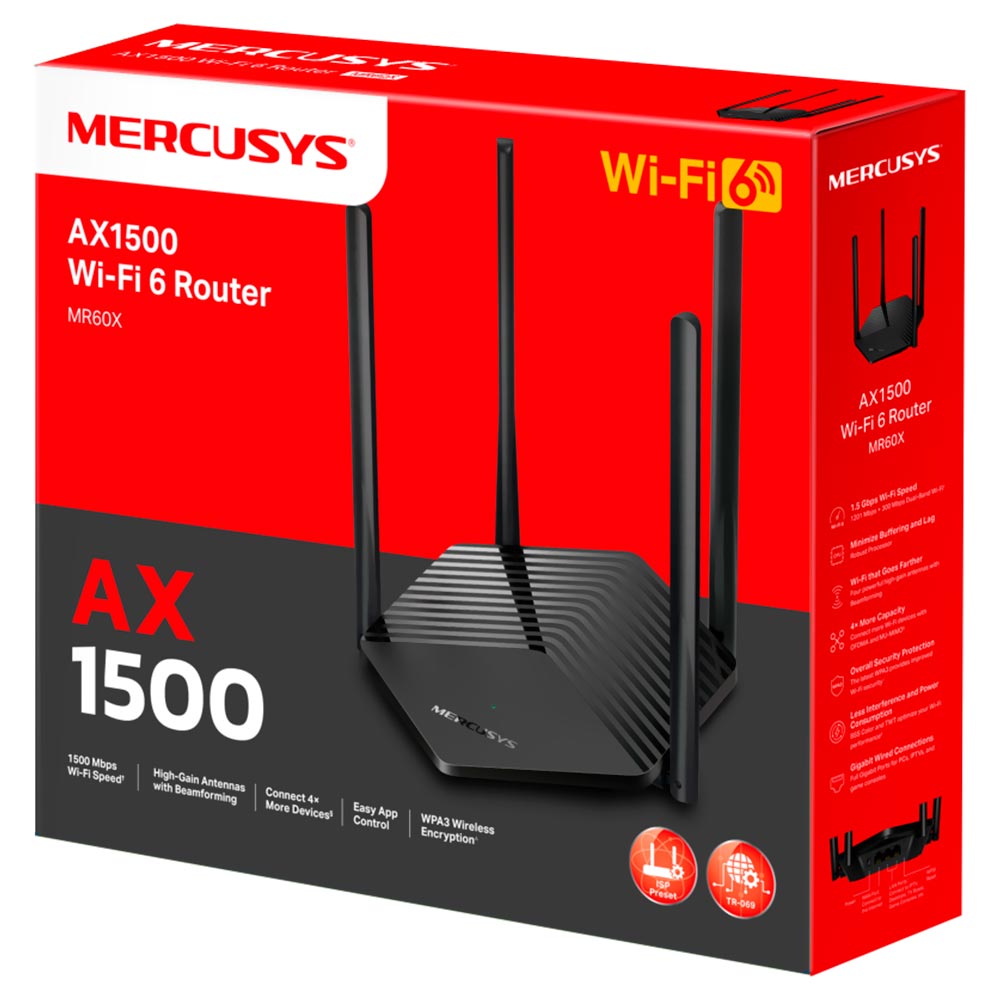 Roteador Mercusys MR60X AX1500 Dual Band / 2.4GHz / 5GHz / Wi-Fi 6 / 4 Antenas - Preto