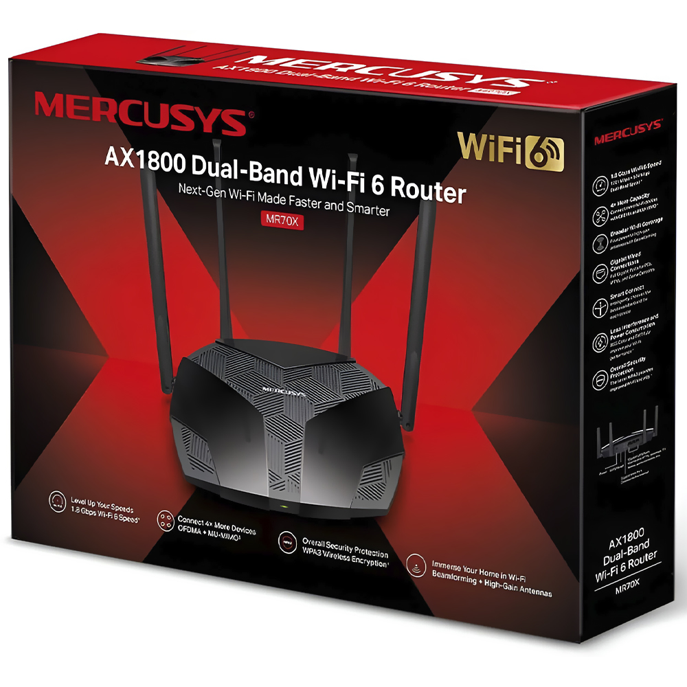 Roteador Mercusys MR70X AX1800 Dual Band / 2.4GHz / 5GHz / Wi-Fi 6 / 4 Antenas - Preto