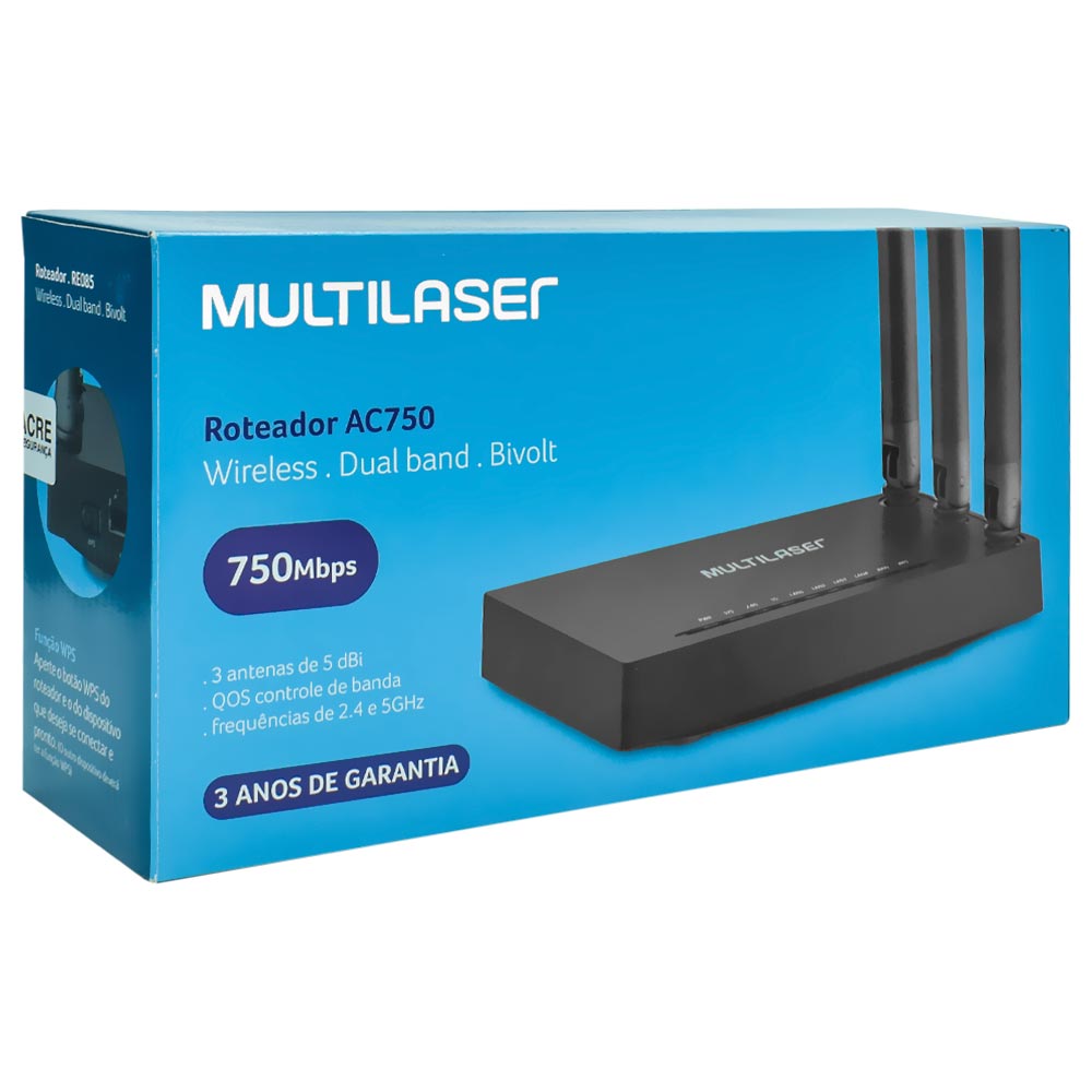 Roteador Multilaser RE085 AC750 3 Antenas / Dual Band / 2.5GHz / 5Ghz / 750Mbps - Preto