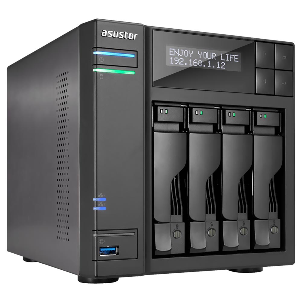 SERVIDOR NAS STORAGE ASUSTOR AS6604T 4 BAIA CEL 2.0GHZ/4GB/M.2/2-GBLAN/SATA 2-3/HDMI/USB3.2/LAN