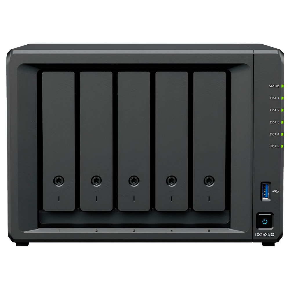 Servidor Nas Storage Synology DiskStation DS1525+ AMD Ryzen V1500B de 2.2GHz / 8GB de RAM / 5 Baias / USB 3.2 / USB-C / LAN - Preto