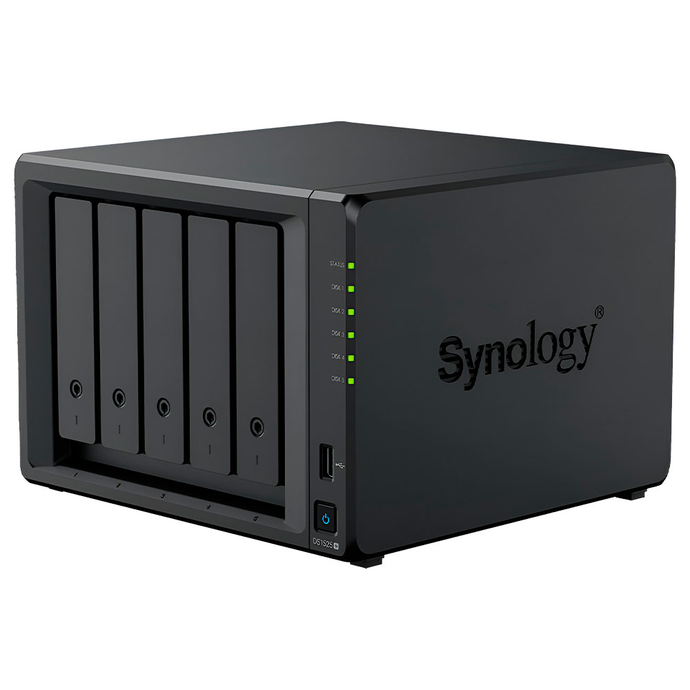 Servidor Nas Storage Synology DiskStation DS1525+ AMD Ryzen V1500B de 2.2GHz / 8GB de RAM / 5 Baias / USB 3.2 / USB-C / LAN - Preto
