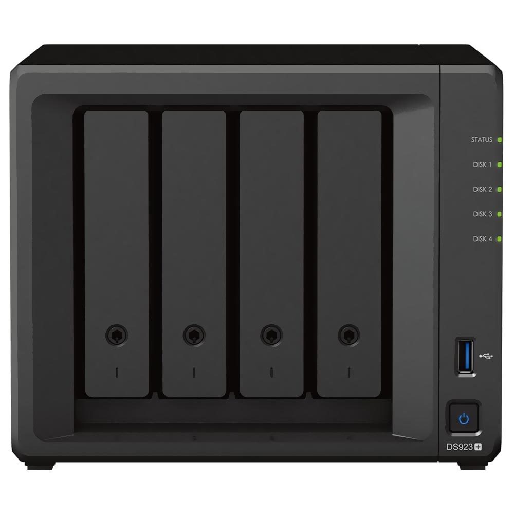 Servidor Nas Storage Synology DiskStation DS923+ AMD Ryzen R1600 de 2.6GHz / 4GB de RAM / 4 Baias / USB / LAN - Preto