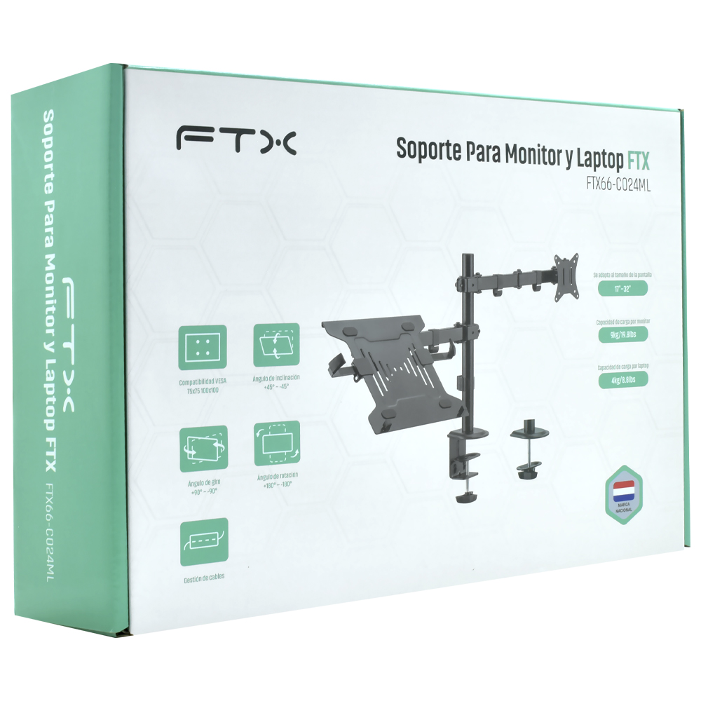 Suporte de Monitor e Notebook FTX FTX66-C024ML 17" A 32" 9K / 10" A 15.6" 4K - Preto