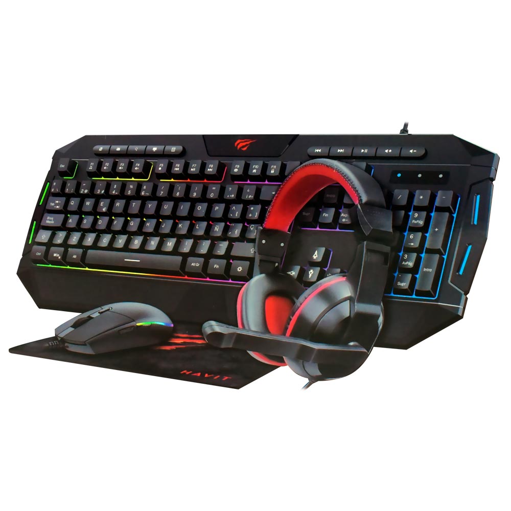 Kit Gamer Havit Gamenote KB501CM-SP Teclado + Mouse + Mousepad + Fone / Espanhol - Preto