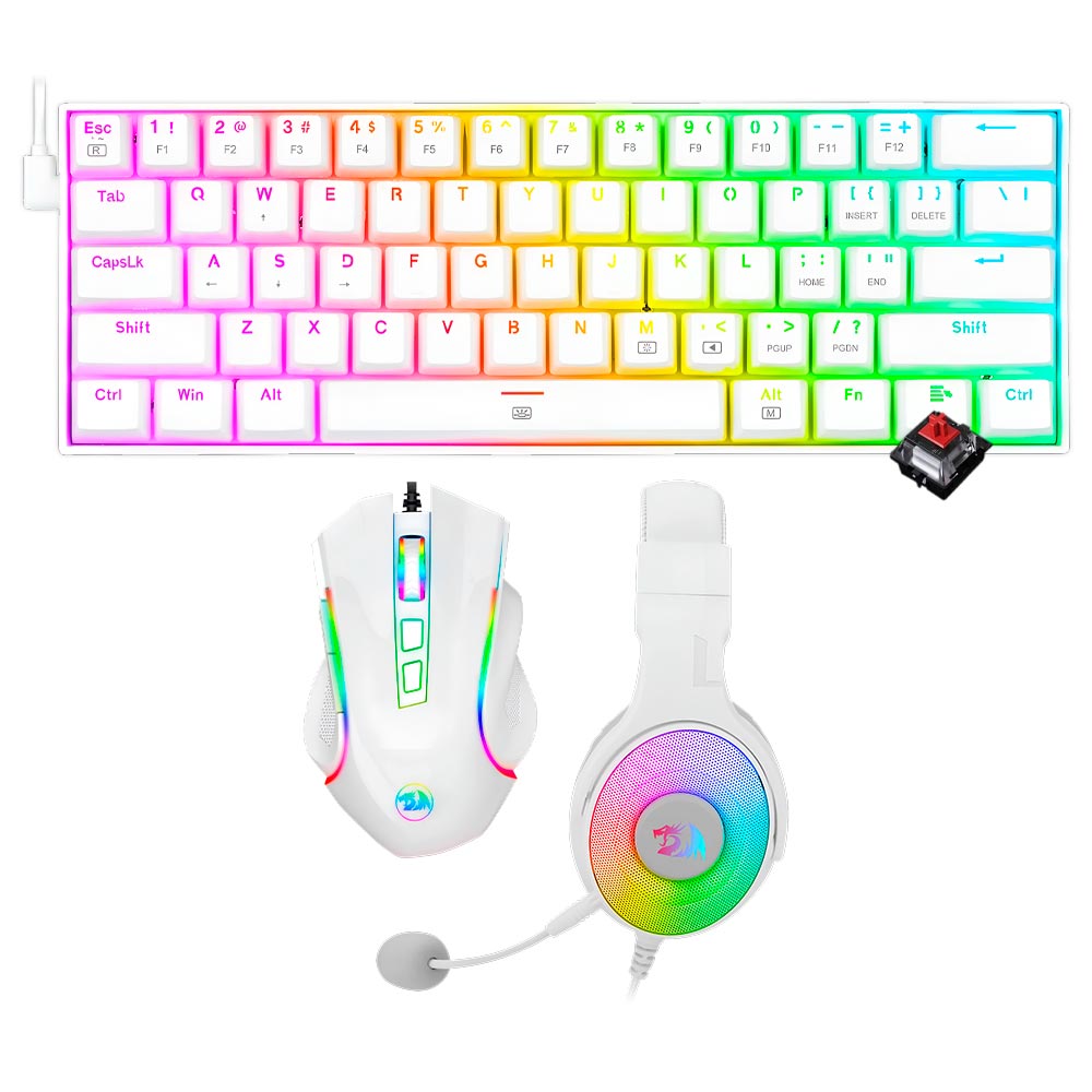 Kit Gamer Redragon Essentials S129W Teclado + Mouse + Fone / RGB / RED / Inglês - Branco