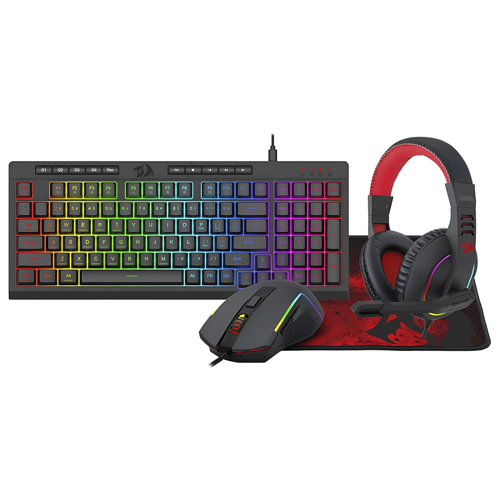 Kit Gamer Redragon Essentials S148 Teclado + Mouse + Mousepad + Fone / RGB / Inglês - Preto
