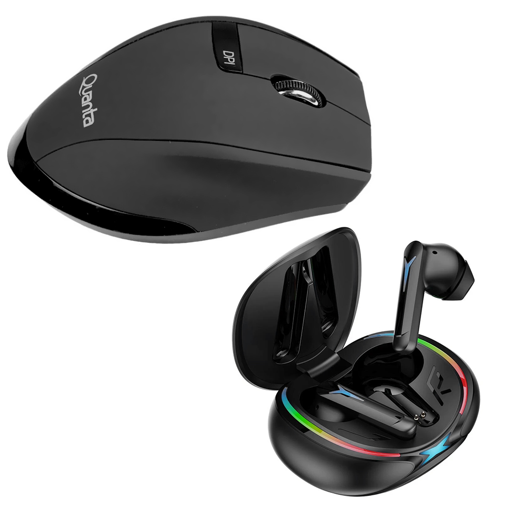 Teclado + Mouse Quanta QTKTM1600 Wireless / Português - Preto + Fone QTAGE10