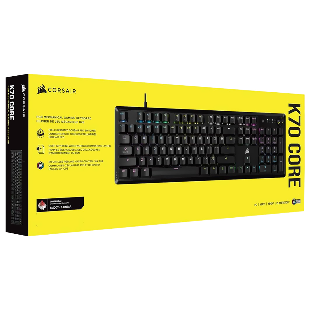 Teclado Gamer Mecânico Corsair K70 Core USB / RGB / RED / Inglês - Preto (CH-910971E-NA)