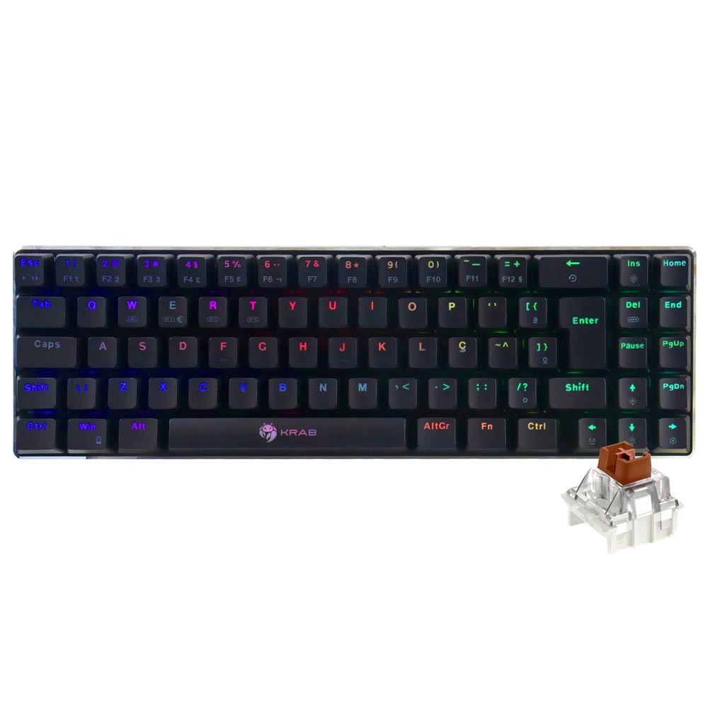 Teclado Gamer Mecânico KRAB KBMGK50 Inferno Wireless / RGB / Brown / Português - Preto