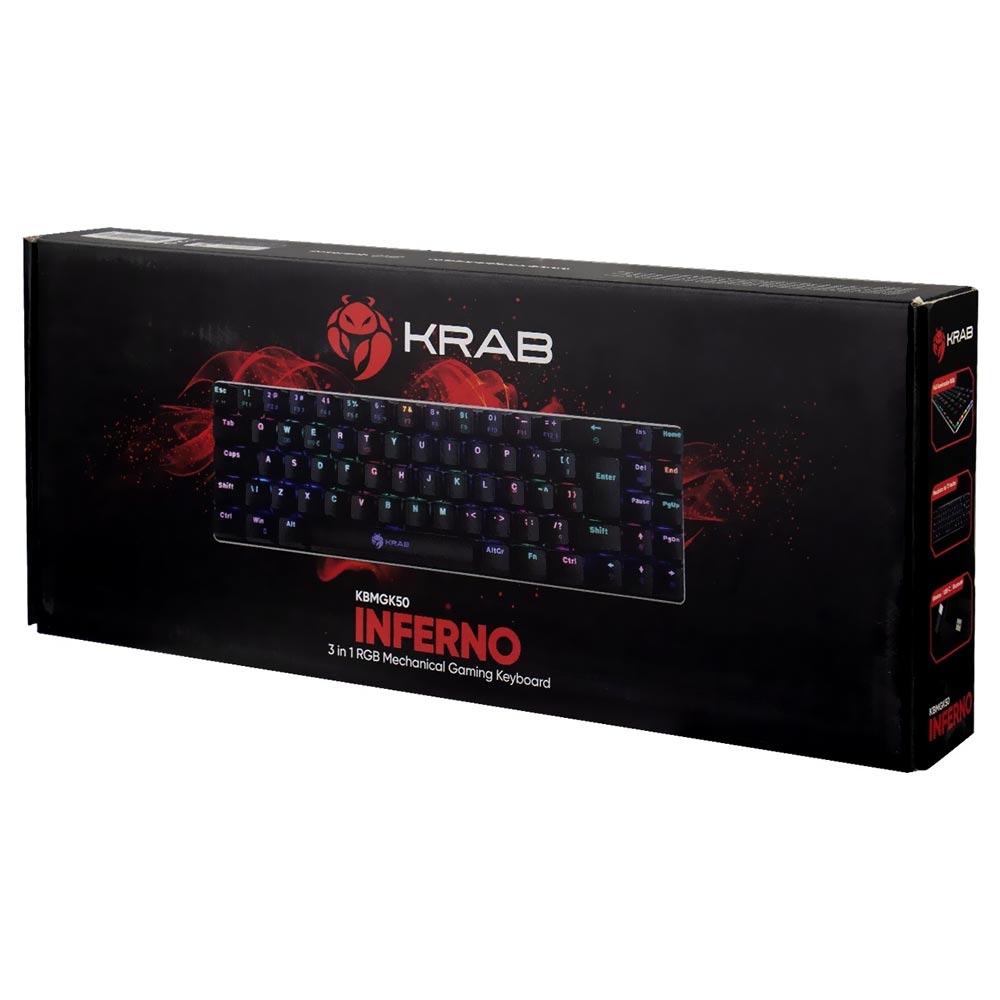 Teclado Gamer Mecânico KRAB KBMGK50 Inferno Wireless / RGB / Brown / Português - Preto