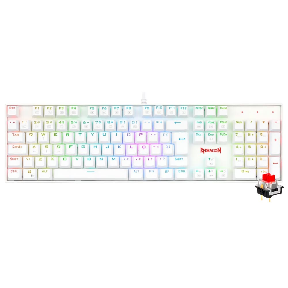 Teclado Gamer Mecânico Redragon K551W-RGB Mitra USB / RED / Português - Branco