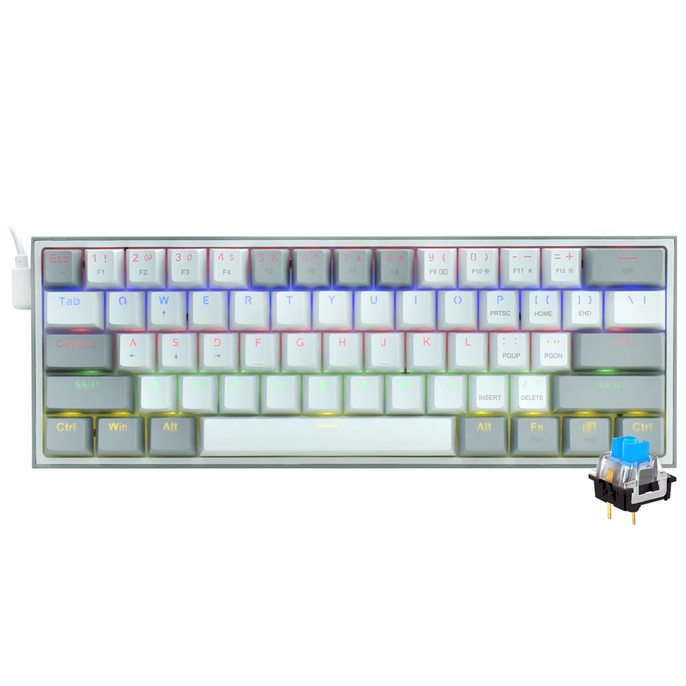 Teclado Gamer Mecânico Redragon K617-R FIZZ Rainbow Mini USB / RGB / Blue / Inglês - Branco / Cinza