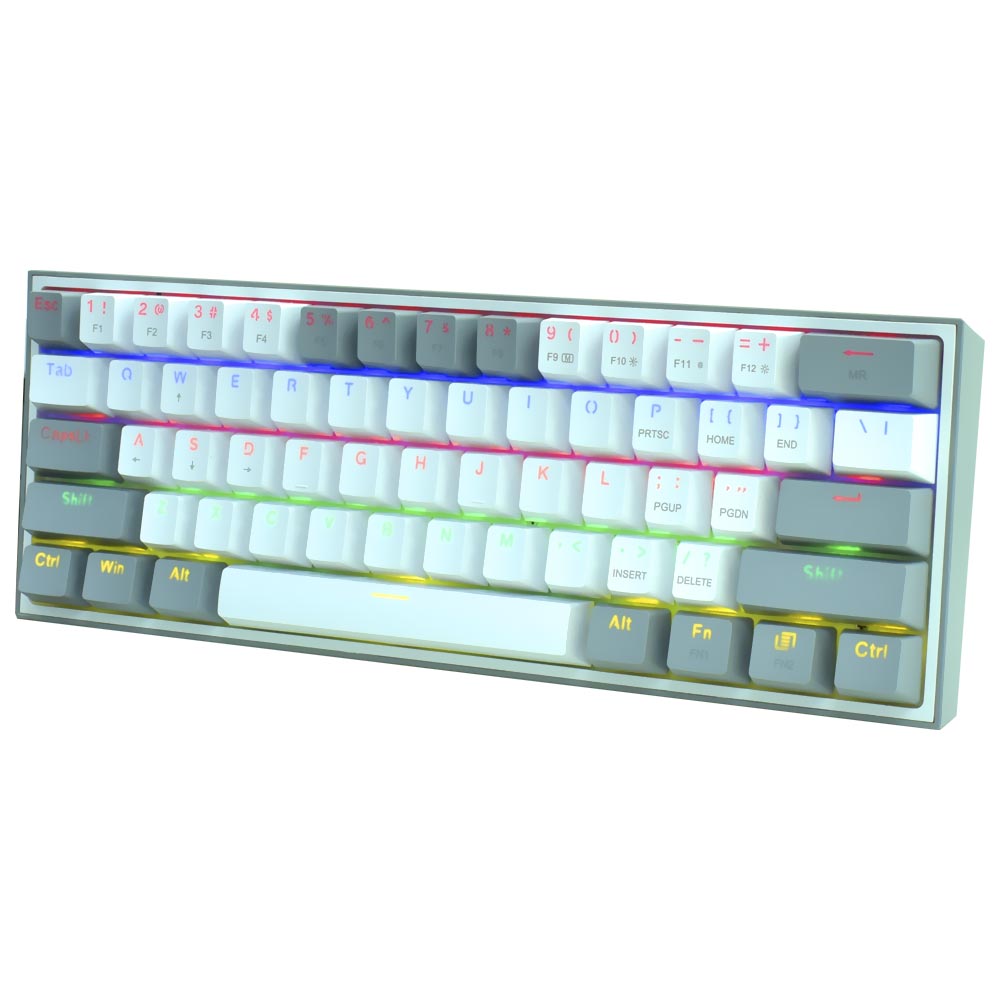 Teclado Gamer Mecânico Redragon K617-R FIZZ Rainbow Mini USB / RGB / Blue / Inglês - Branco / Cinza