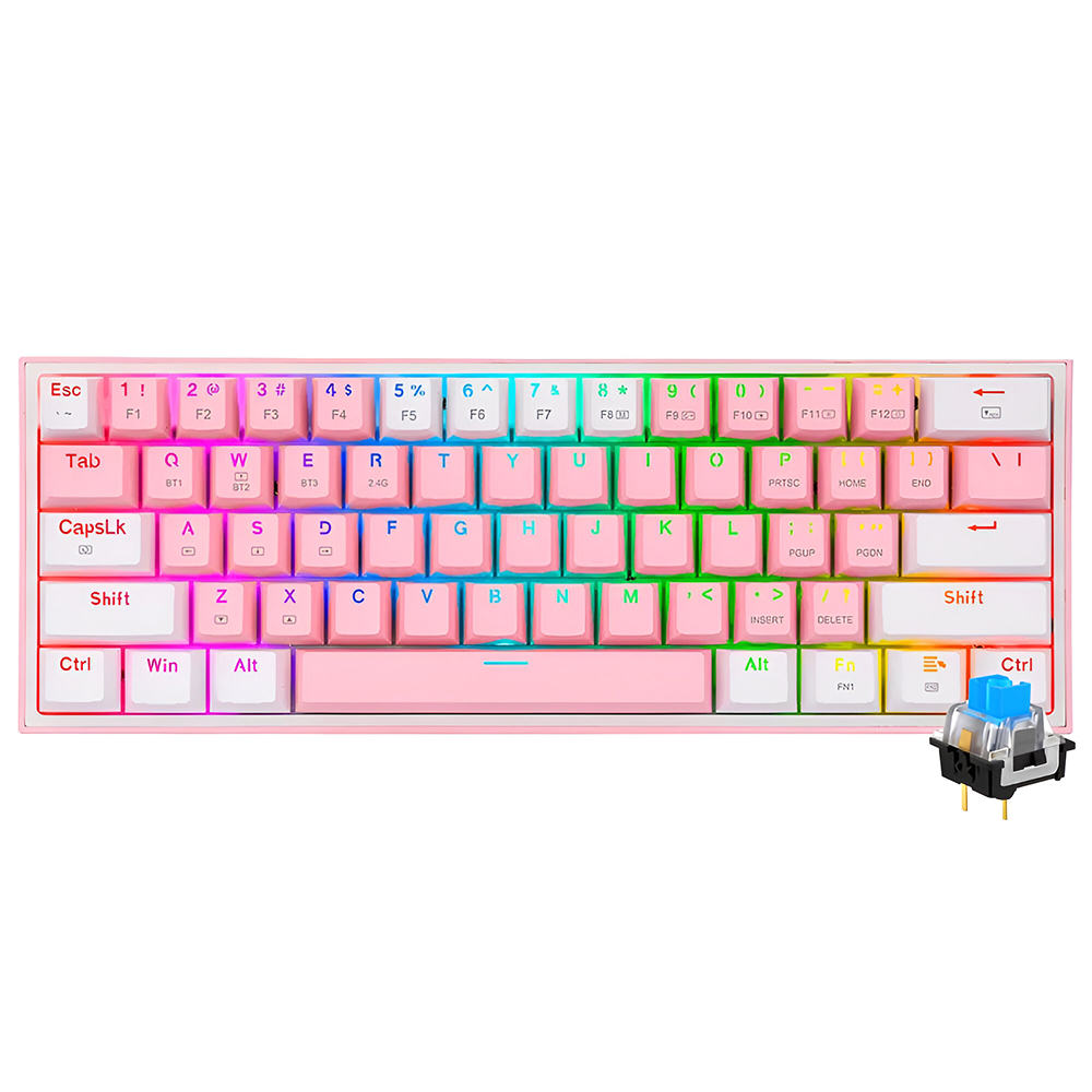 Teclado Gamer Mecânico Redragon K617-R Fizz Rainbow Mini USB / RGB / Blue / Inglês - Rosa / Branco