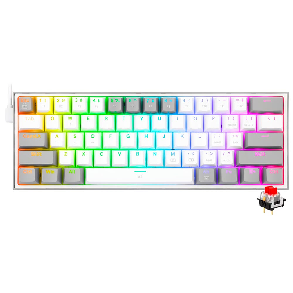 Teclado Gamer Mecânico Redragon K617-RGB Fizz Mini USB / RED / Inglês - Branco / Cinza