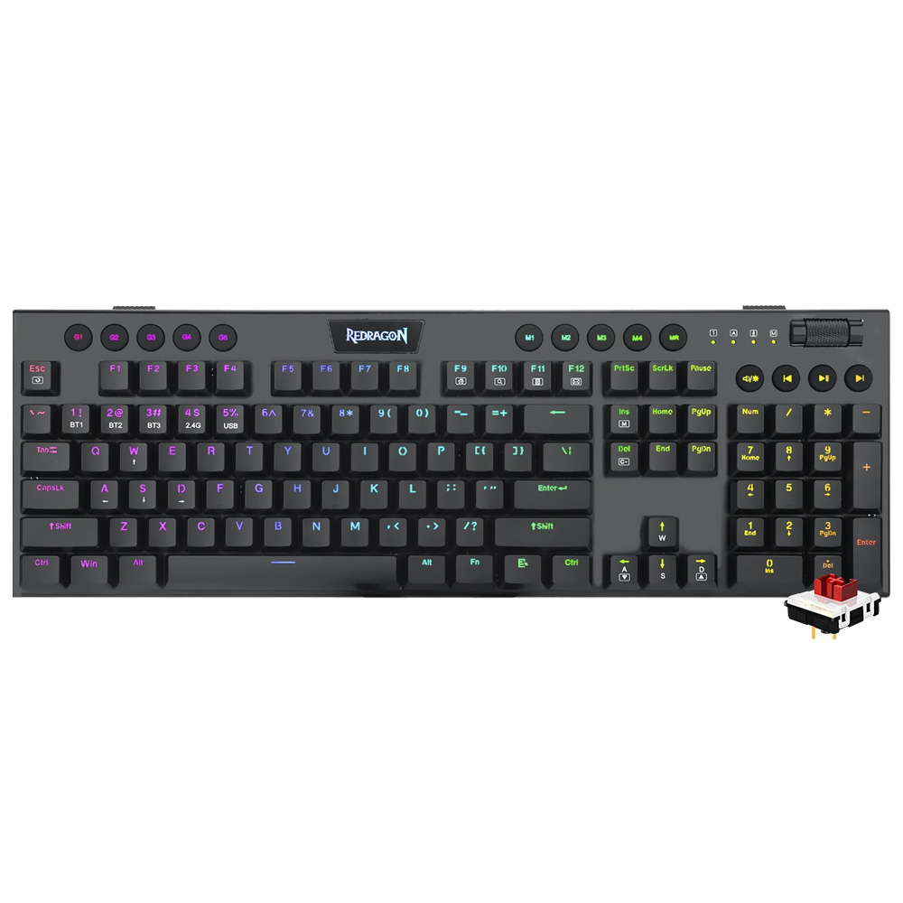 Teclado Gamer Mecânico Redragon K618RGB-PRO Horus Wireless / RGB / RED / Inglês - Preto