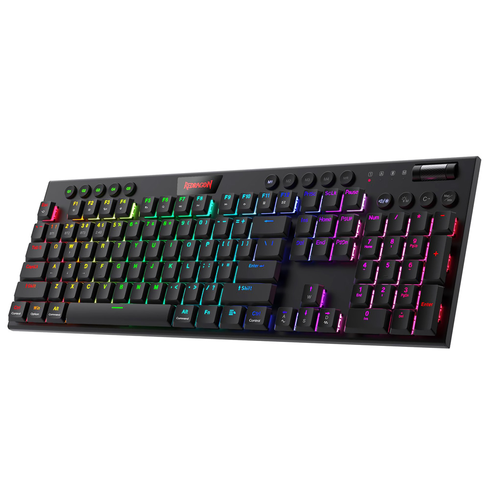 Teclado Gamer Mecânico Redragon K618RGB-PRO Horus Wireless / RGB / RED / Inglês - Preto