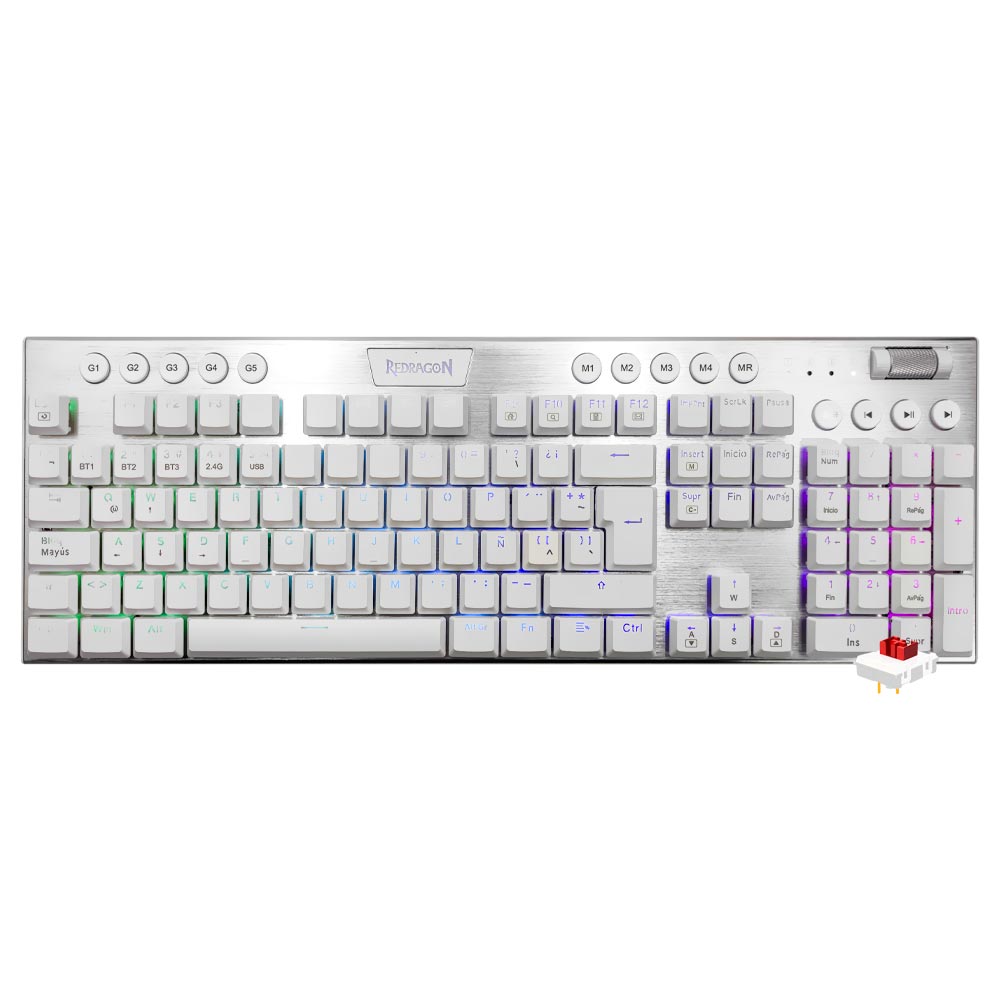 Teclado Gamer Mecânico Redragon K618W-RGB Horus Wireless / RED / Espanhol - Branco