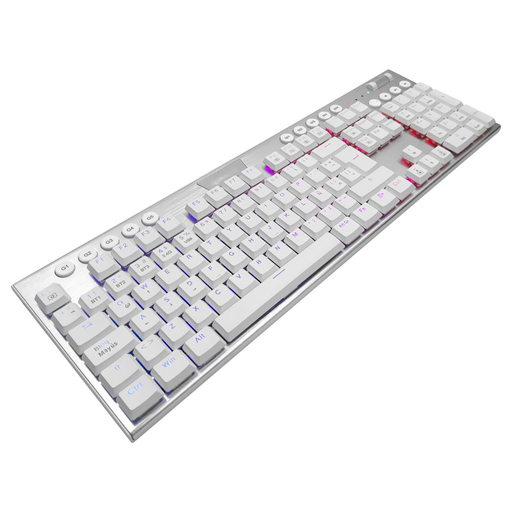 Teclado Gamer Mecânico Redragon K618W-RGB Horus Wireless / RED / Espanhol - Branco