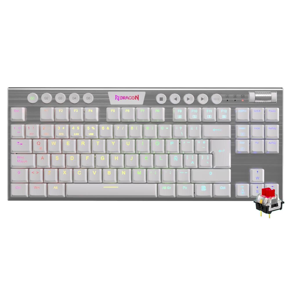 Teclado Gamer Mecânico Redragon K621W-RGB Horus TKL Wireless / RGB / RED / Inglês - Branco