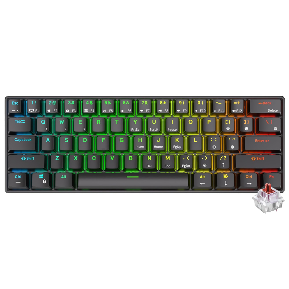 Teclado Gamer Mecânico Royal Kludge Mini RK61 Wireless / RGB / RED / Inglês - Preto