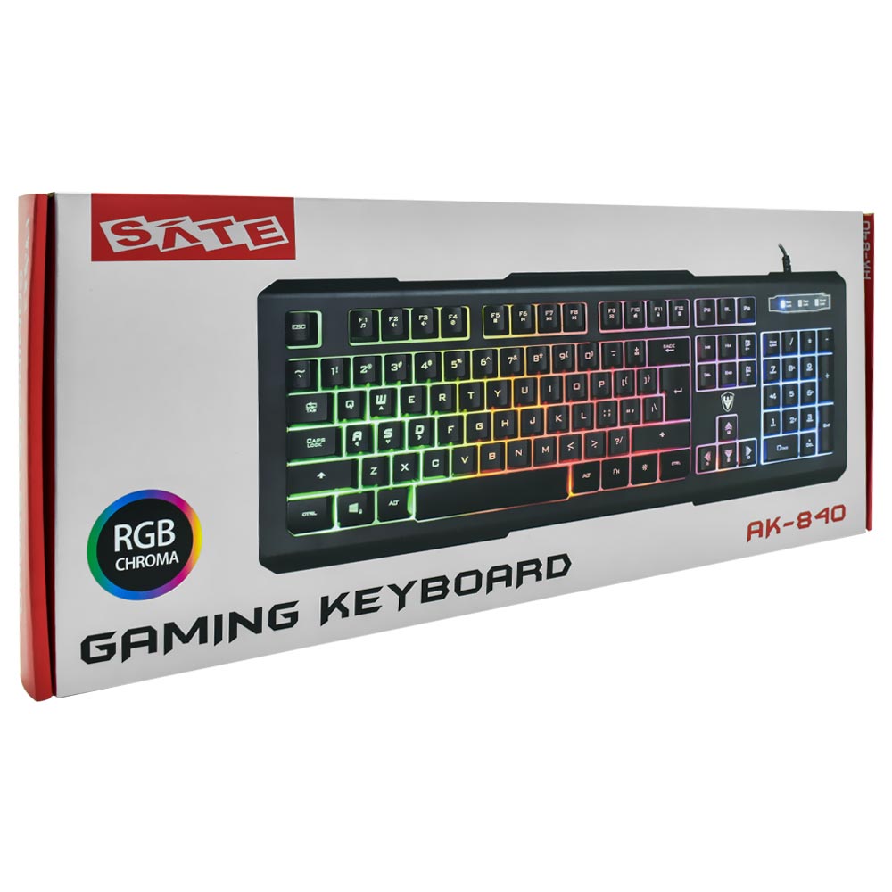 Teclado Gamer Satellite AK-840 USB / Multimídia / RGB / Português - Preto