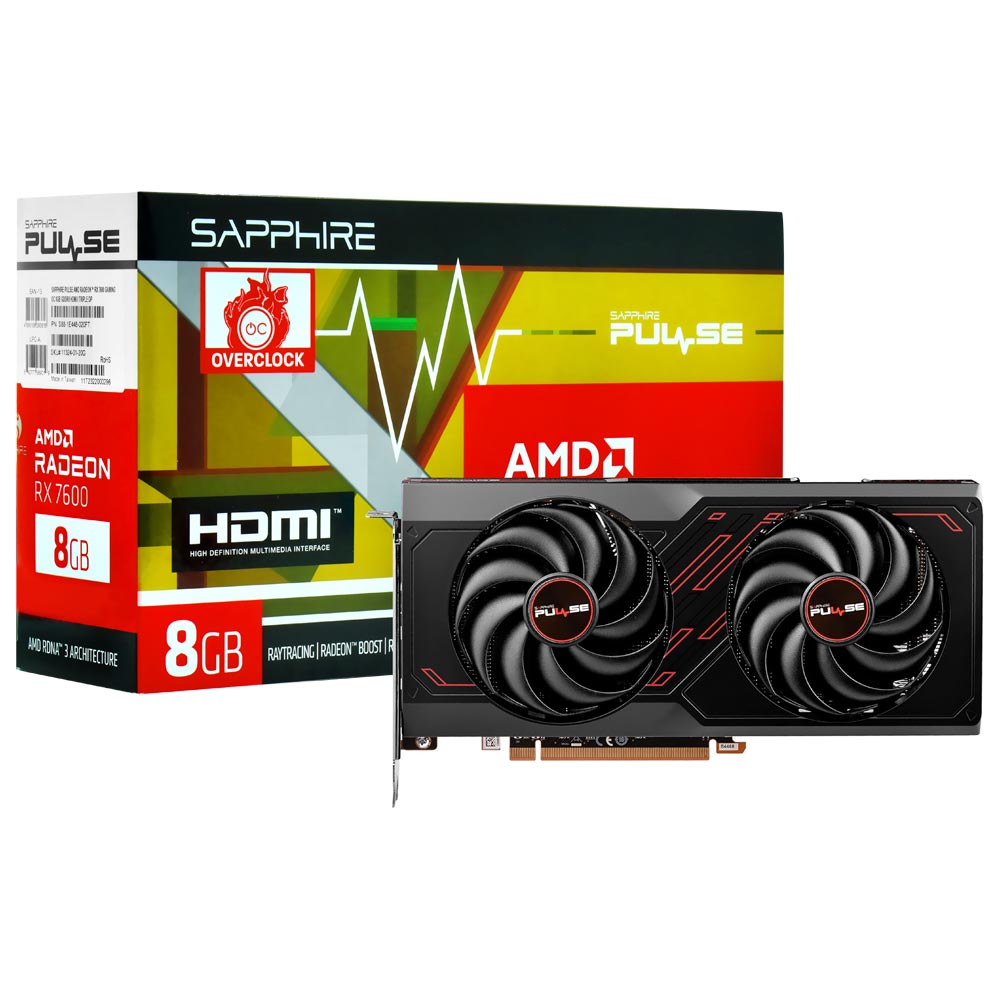 Placa de Vídeo Sapphire Gaming Pulse OC 8GB Radeon RX7600 GDDR6 - 11324-01-20G